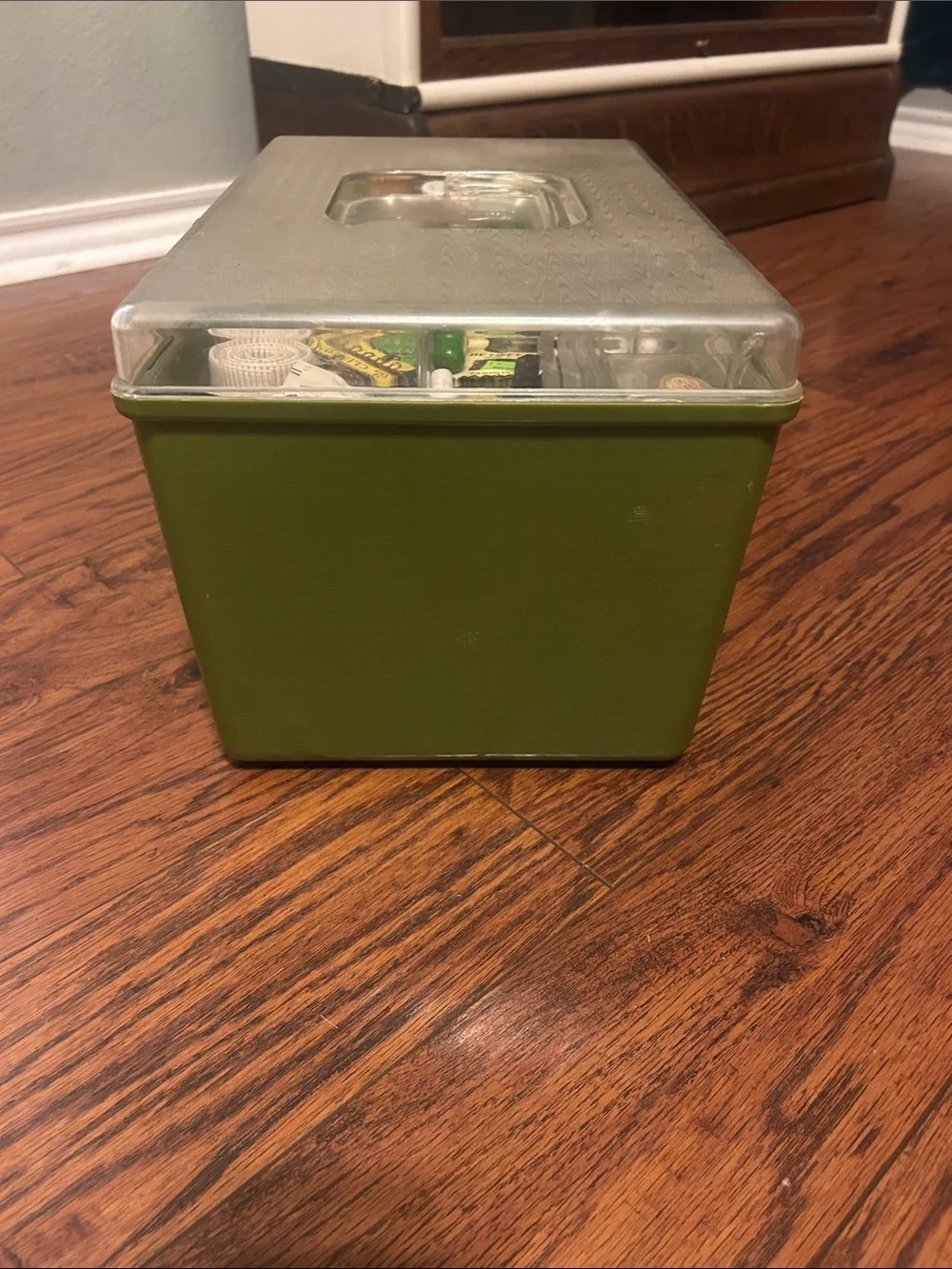 Vgt Olive Green sewing Box with Clear Lid w all contents shown.
